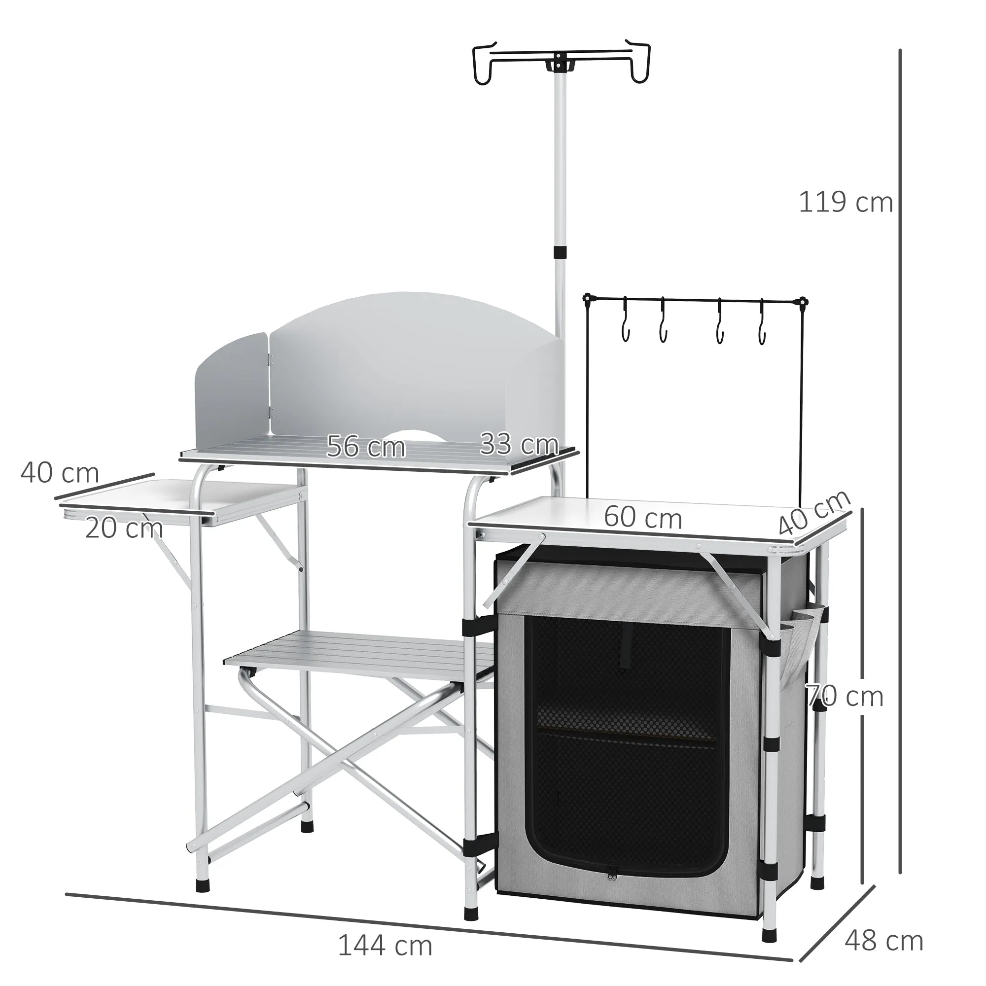 Camping Kitchen w/ Storage Cupboard, Folding Camping Table, Aluminium Picnic Table w/ Windshield, Stand, Carrying Bag