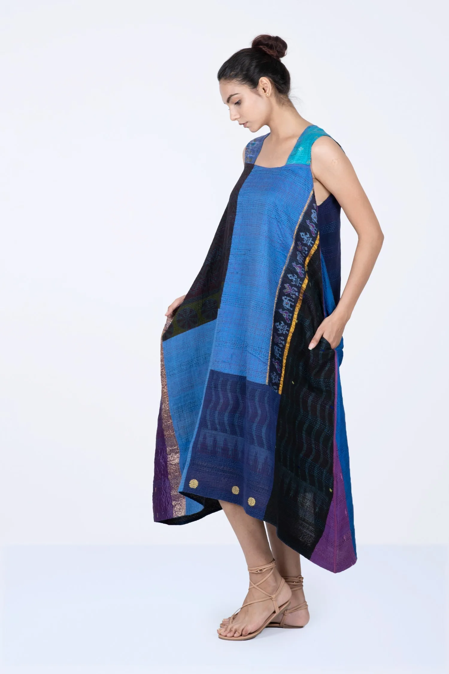 DESERT WAVES KANTHA TENT DRESS - dw2413-blu -