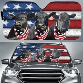 Farm Car Sunshade Cover, Black Angus Cattles United States Flag Pattern Auto Sun Shade