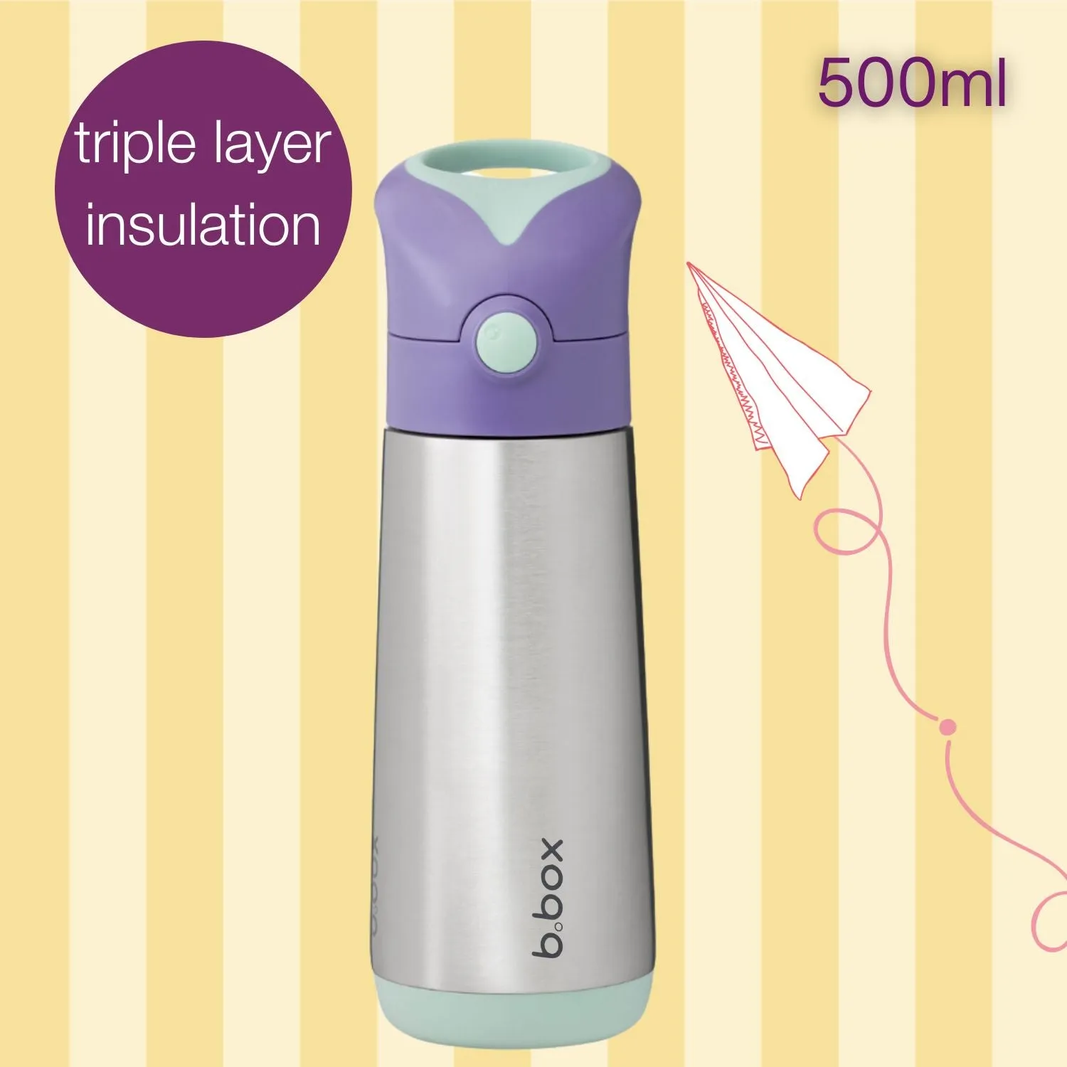 Insulated Straw Sipper Drink Water Bottle 500ml Purple