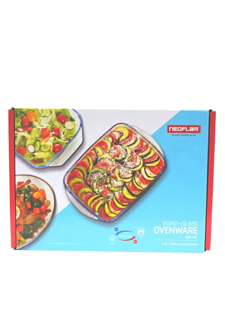 Neoflam Rectangular Borosilicate Glass Ovenware with Plastic Lid and Gift Box